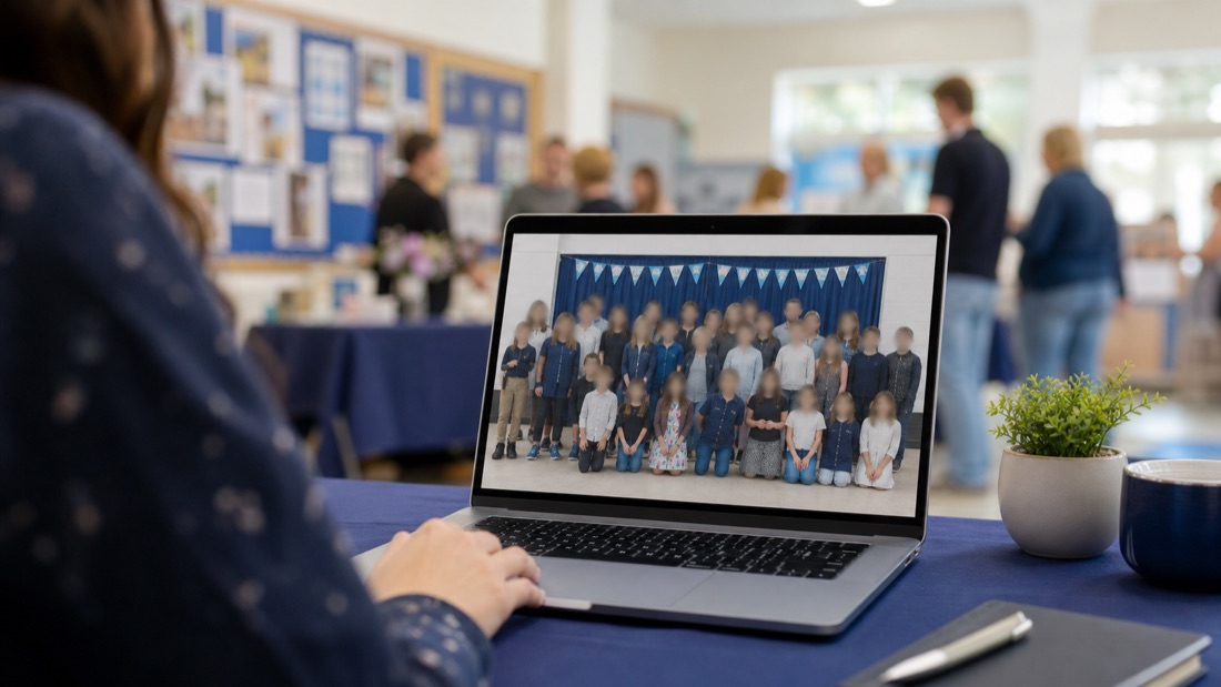 Laptop showing a school group photo with faces blurred before sharing