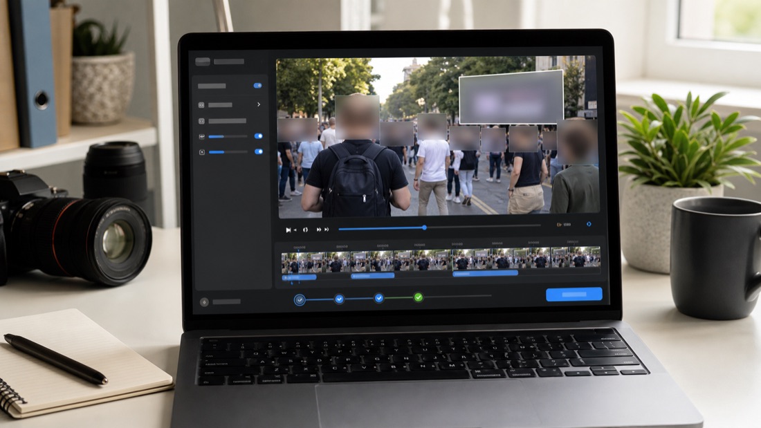 Laptop video review screen with faces and sensitive regions blurred